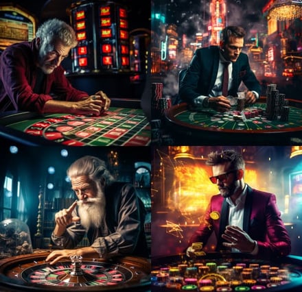 Hombre en un casino apostando por el futuro, representando riesgo, decisión y visión estratégica en un entorno de juego
