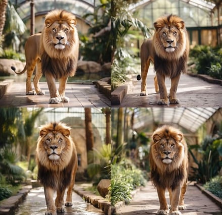 León sonriente de cuerpo completo en un aviario amplio con piscina, césped verde y clima soleado