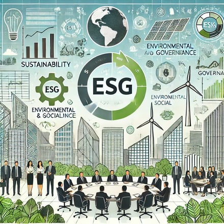 Illustration of sustainability and ESG in finance, featuring financial charts, renewable energy symb