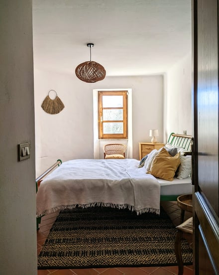 a bedroom with a bed and a chair
