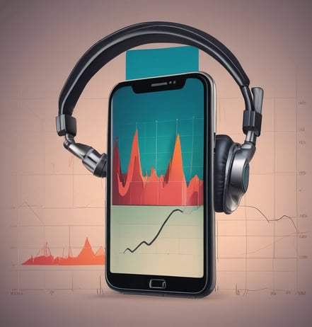 A podcast or radio host is seen speaking into a microphone, captured both directly and through the screen of a smartphone. The screen displays a live broadcast view with social media interactions. The background includes blurred signage, and the setting appears to be a studio with brick walls.
