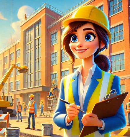 Illustrazione cartoon di un cantiere edile gli operai indossano caschi e giubbotti gialli. il supervisore in primo piano