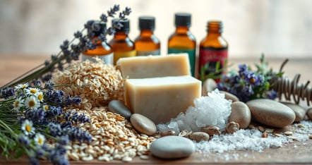handmade soaps with chamomile and lavender flowers, oats and essential oils