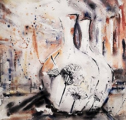 Aquarelle symbolique 2 vases Blancs avec fleurs dans un écrin coloré  