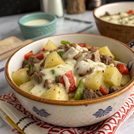 a bowl of food with potatoes, peppers, beef, and cheese