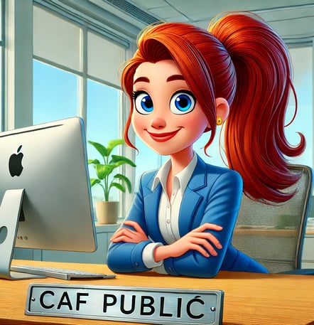 Persona con capelli rossi legati in una coda alta, in un ufficio con imac e targhetta CAF PUBLIC