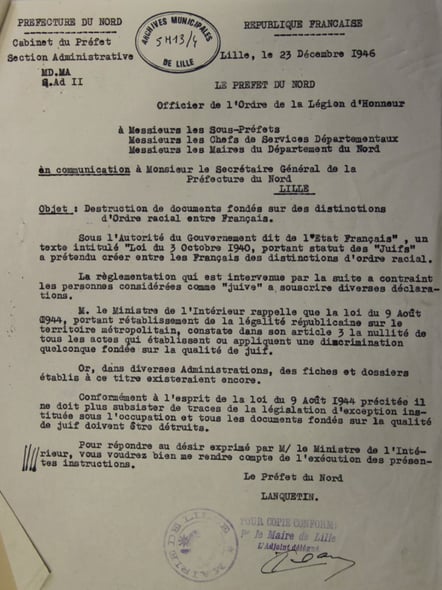 circulaire M Lanquetin préfet du Nord destruction documents discriminant les Juifs