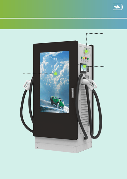 a dc ev station with LCD panel for advertising  and a ev gun