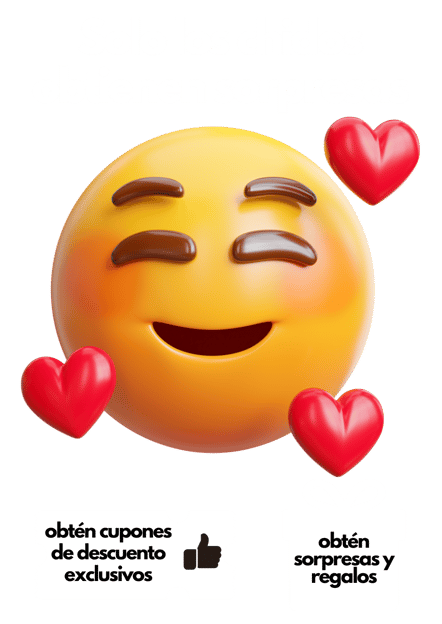 Emoji feliz con corazones y ofertas.