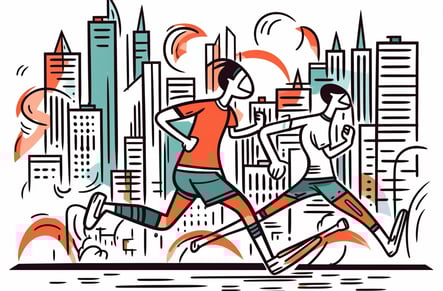 a man and woman running in the city