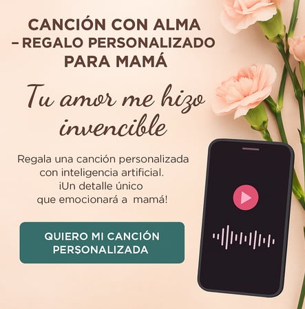 Banner promocional para el Día de la Madre con el mensaje "Tu amor me hizo invencible", invitando a regalar una canción perso