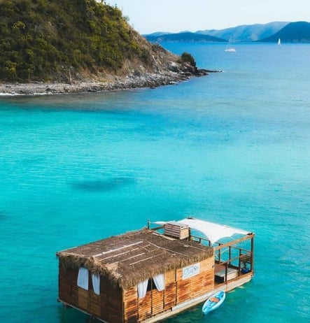 A floating spa in the blue waters off the coast of White Bay, BVI