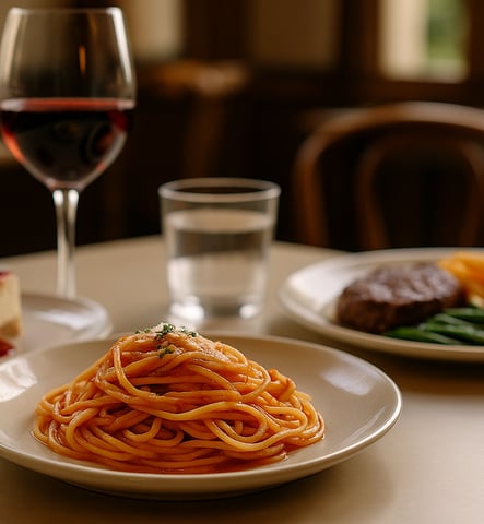 a plate of spaghetti pasta with a glass of wine