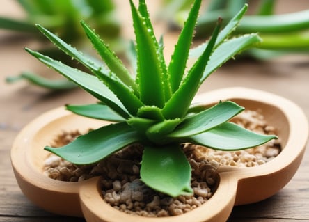 Close-up of an aloe vera plant with dewdrops on its thick, fleshy leaves. The leaves have a serrated edge and a green color with dotted patterns, all emerging from a central point in the soil.