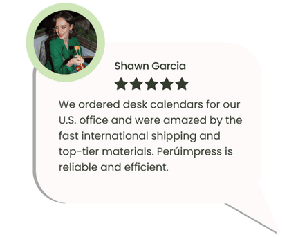 Desk calendar review from U.S. client praising fast international shipping and premium materials.