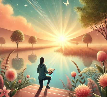 Serene sunrise over a calm lake with a person holding a notebook and pen, symbolising reflection, pl