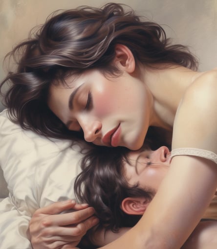 a woman is hugging on a partner in a bed