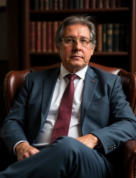 a man in a suit and tie sitting in a chair
