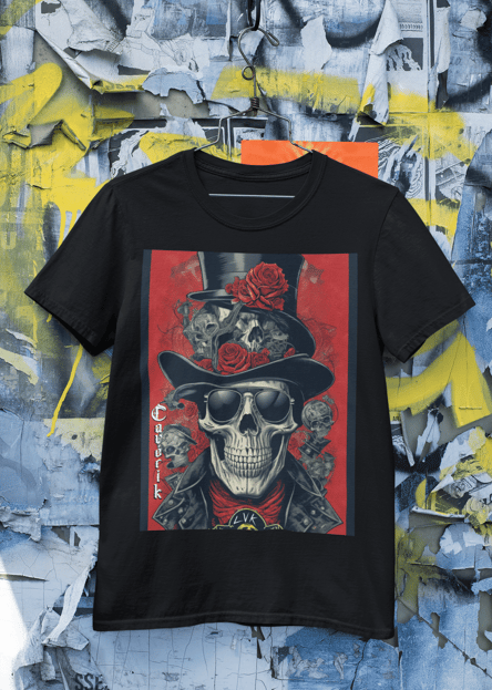 Camiseta Caveira Street Tag: Esta camiseta apresenta uma caveira com detalhes de tagging de rua