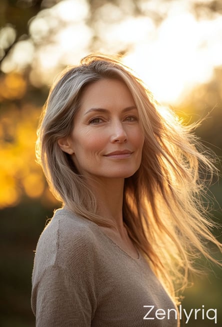 blonde woman smiling warmly at sunset, representing a gentle joint support lifestyle