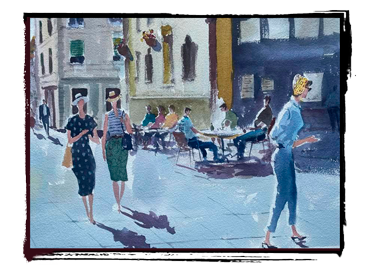 watercolor womans walking down a street