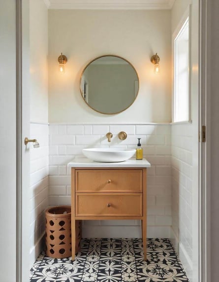 a bathroom with a mirror and a mirror