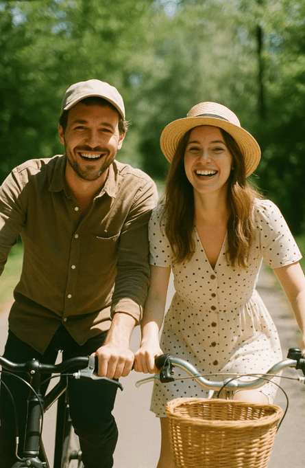 Un couple à vélo pour la journée mondiale de la bicyclette