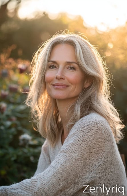 smiling blonde woman in soft sunlight, representing a gentle Lifestyle for gut support
