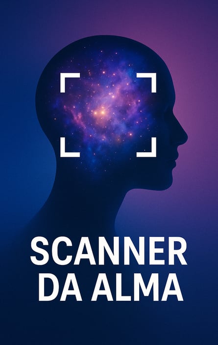 Lilac head with the universe inside, in violet tones, with the phrase "Scanner da Alma"