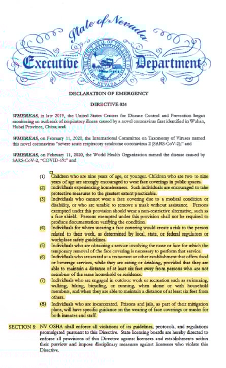 Image of state of Nevada declaration of emergency directive 024 (COVID-19 mask mandate)