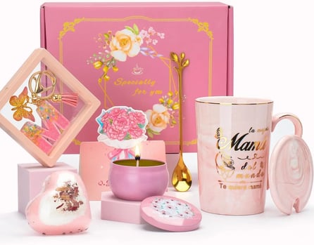 Taza Set de Regalo con vela aromática, Llavero, Bolas de Baño de Rosas