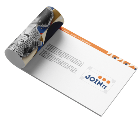Manual de identidade visual da Join TI aberto na página de margens de segurança do logotipo