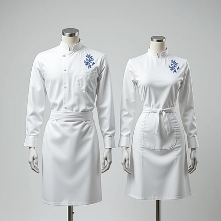 Dos maniquies con trajes de cocinero, uno de hombre y otro de mujer. mandil y delantal blanco