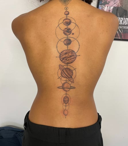 Planet system symetic tattoo on back