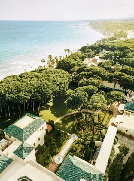 Aerial view of Villa El Rincon, luxury beachfront villa in Marbella with private pool, lush gardens, and panoramic sea views.