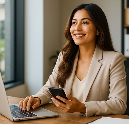 Mujer trabajando desde la oficina, soñando en que puede emprender y poner un negocio.