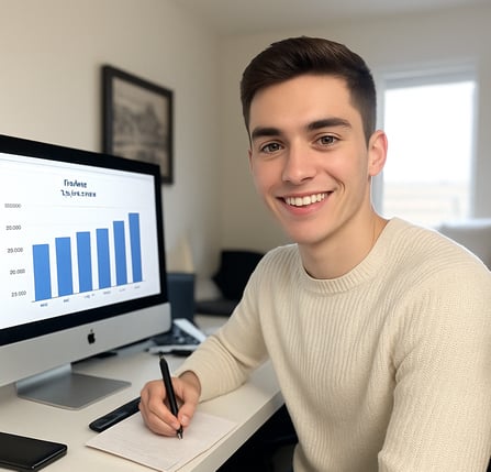 Joven emprendedor sonríe mientras toma notas frente a una gráfica de ventas, representa análisis, visión y crecimiento digita