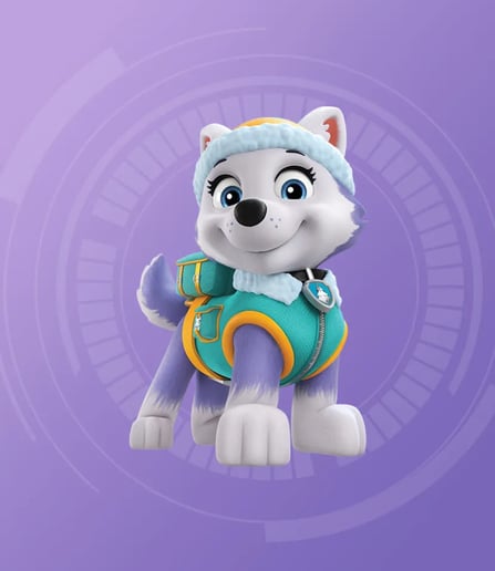 Everest van PAW Patrol op een paarse achtergrond