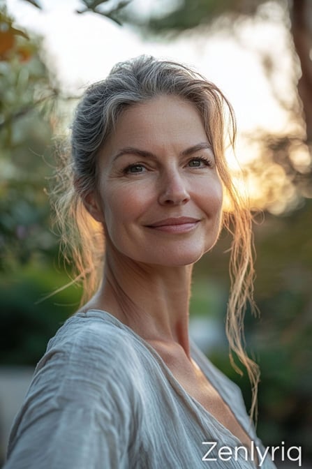 graceful woman with a serene expression and sunlight, representing balance and healthy digestion