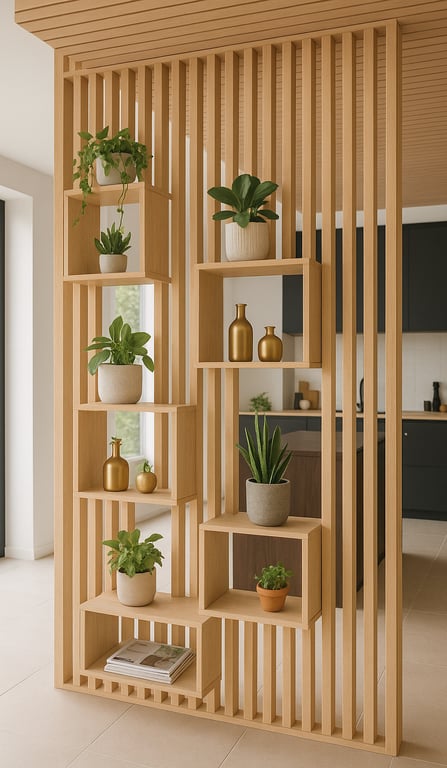 une cloison ajourée en bois clair servant de séparation visuelle et d'élément décoratif