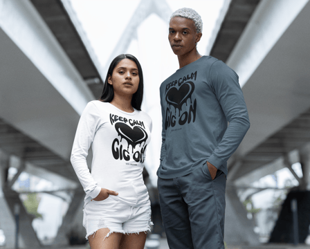 long sleeve tee, keep calm gig on, black heart, groovy retro design, vivid calm designs, side gig