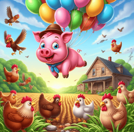 a pink piggy flying through the air with balloons