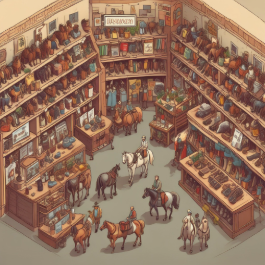 a large room with a lot of horses and people