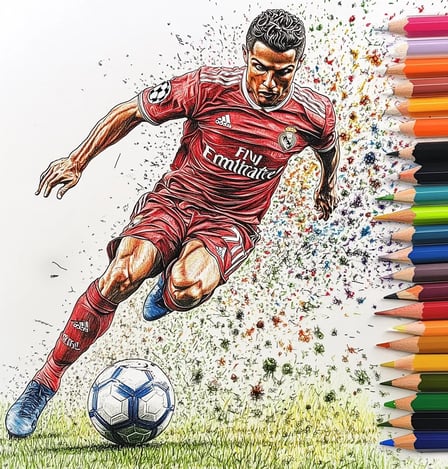 Tekening of kleurplaat van Ronaldo met een voetbal