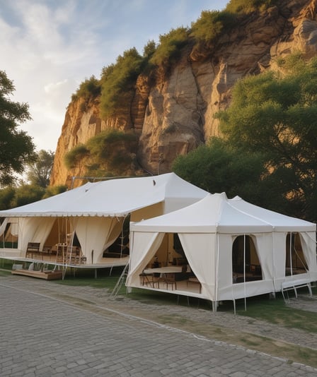 A large white tent is set up outdoors on a grassy area surrounded by trees and commercial buildings. Inside the tent, people are gathered for what looks like a social or community event. The foreground features a rock garden with greenery, and the sky is clear with scattered clouds.