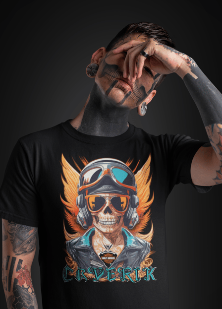 Camiseta preta masculina com arte urbana e grafite.