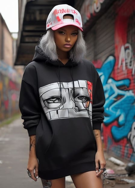 Mulher usando uma Blusa com arte urbana em tons de preto e cinza