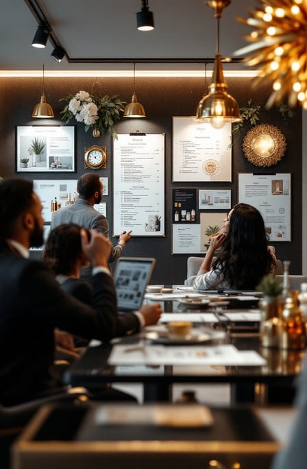 a group of people sitting at a table with laptops