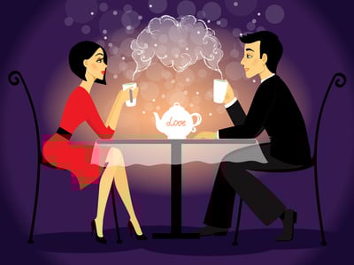 a man and woman sitting at a table with a teapot