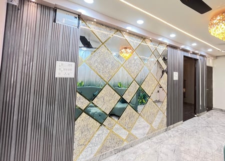 PVC sheet, Mirror acrylic and golden steel strips, done by Azitas Interio in Chunabhati